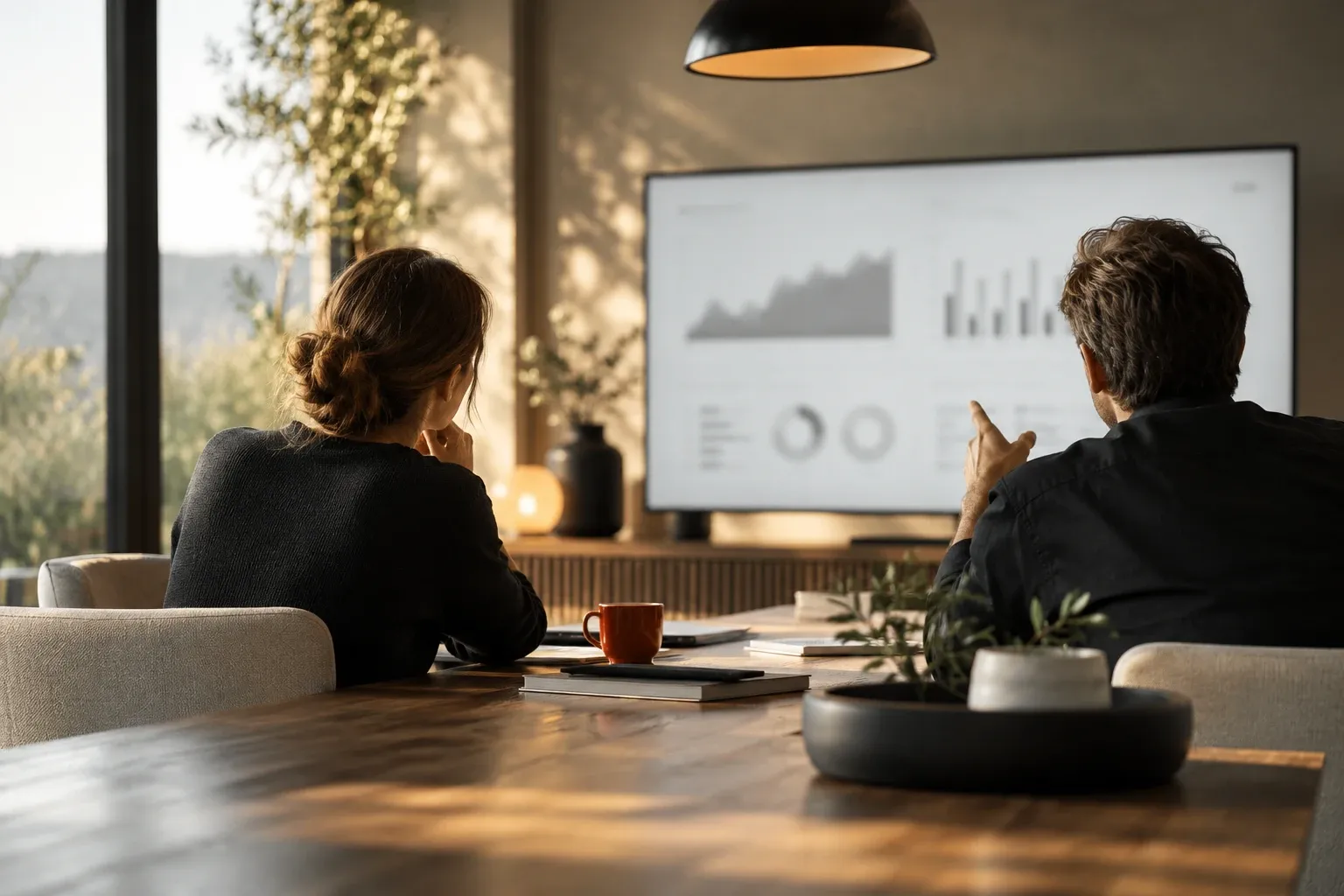 Two consultants reviewing a dashboard on a large screen