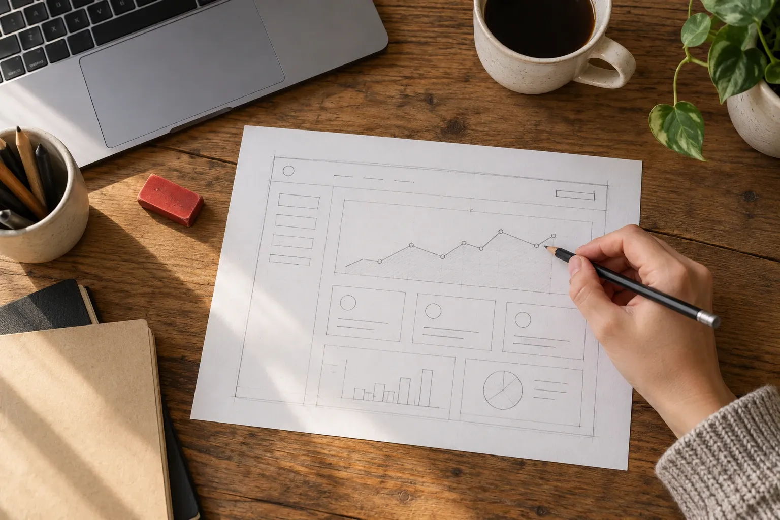 A hand sketching a dashboard layout on paper