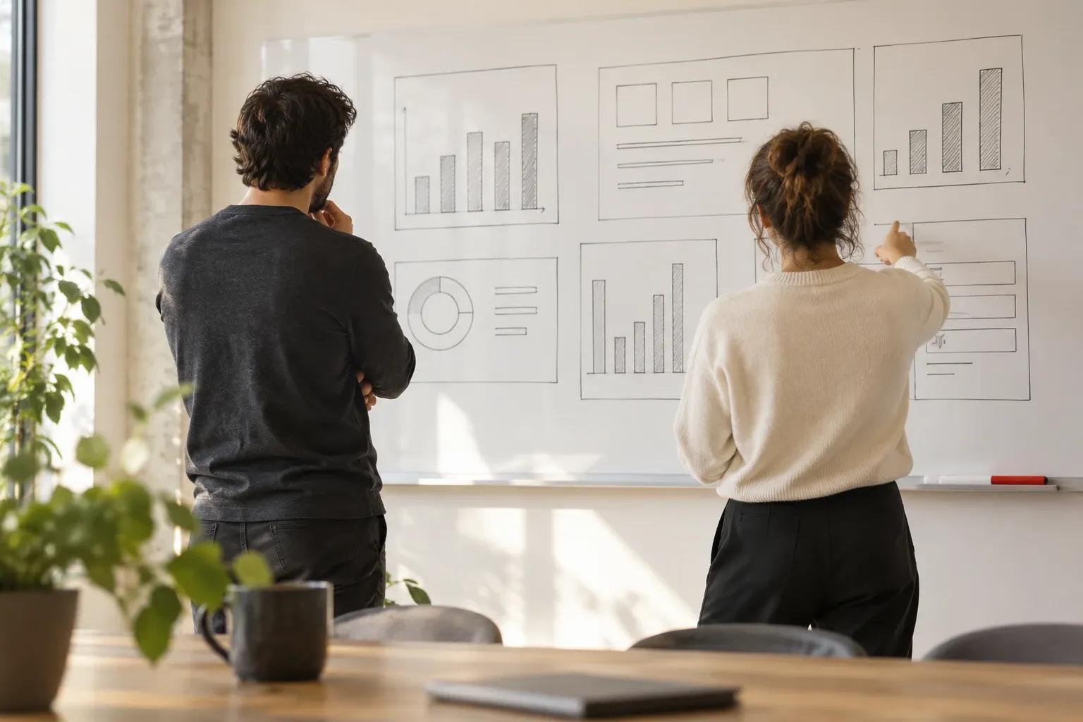 Two people planning a dashboard on a whiteboard